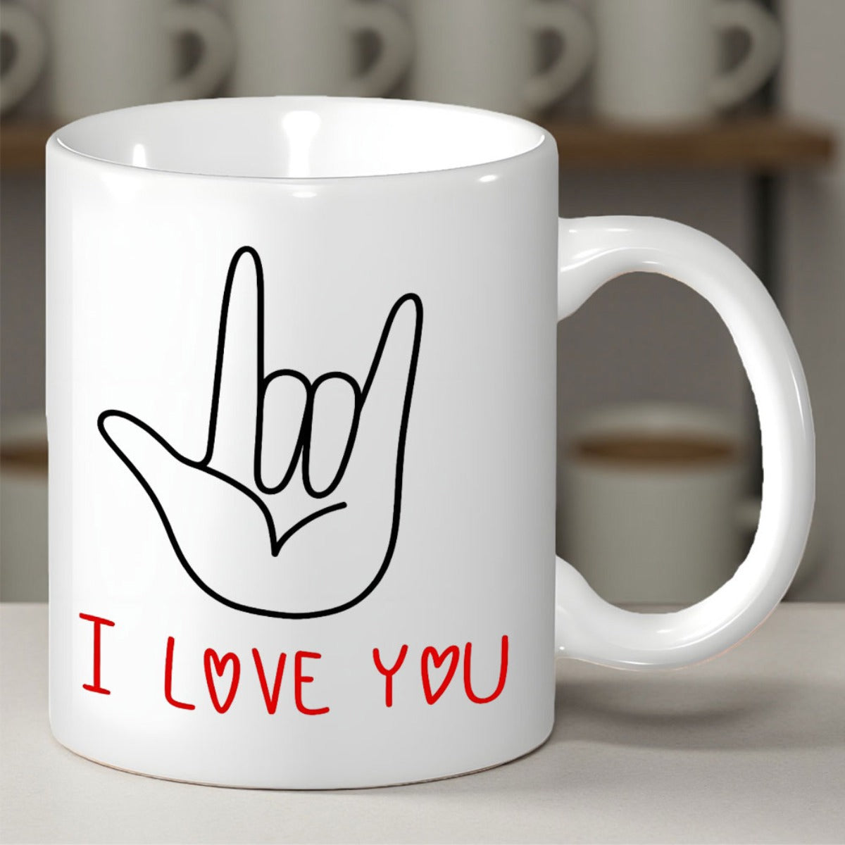 Tailorly White Ceramic 11 oz Mug - I Love You Minimalist Black Outline Sign Language Gesture With Small Red Hearts Hand