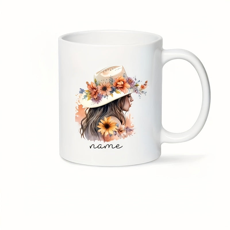 Tailorly White Ceramic 11 oz Mug - Name Elegant Side Profile Wearing Straw Hat With Blooming Sunflowers Woman