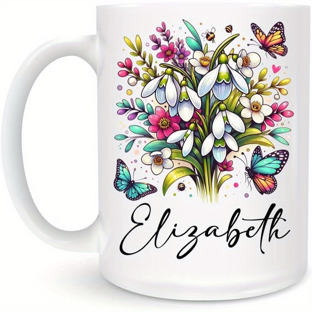Tailorly White Ceramic 11 oz Mug - Elizabeth Colorful Spring Flowers With Fluttering Butterflies Among Delicate Green Leaves Bouquet