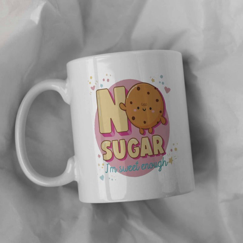 Tailorly White Ceramic 11 oz Mug - No Sugar I'm Sweet Enough Smiling Cartoon Chocolate Chip Character Inside A Soft Pink Circle Background Cookie