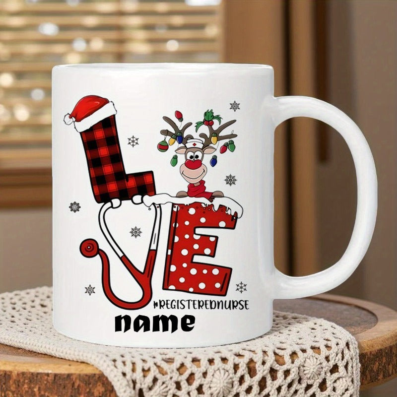 Tailorly White Ceramic 11 oz Mug - Registered Nurse Name Festive Reindeer Peeking Over Holiday Letters With A Medical Stethoscope Mug