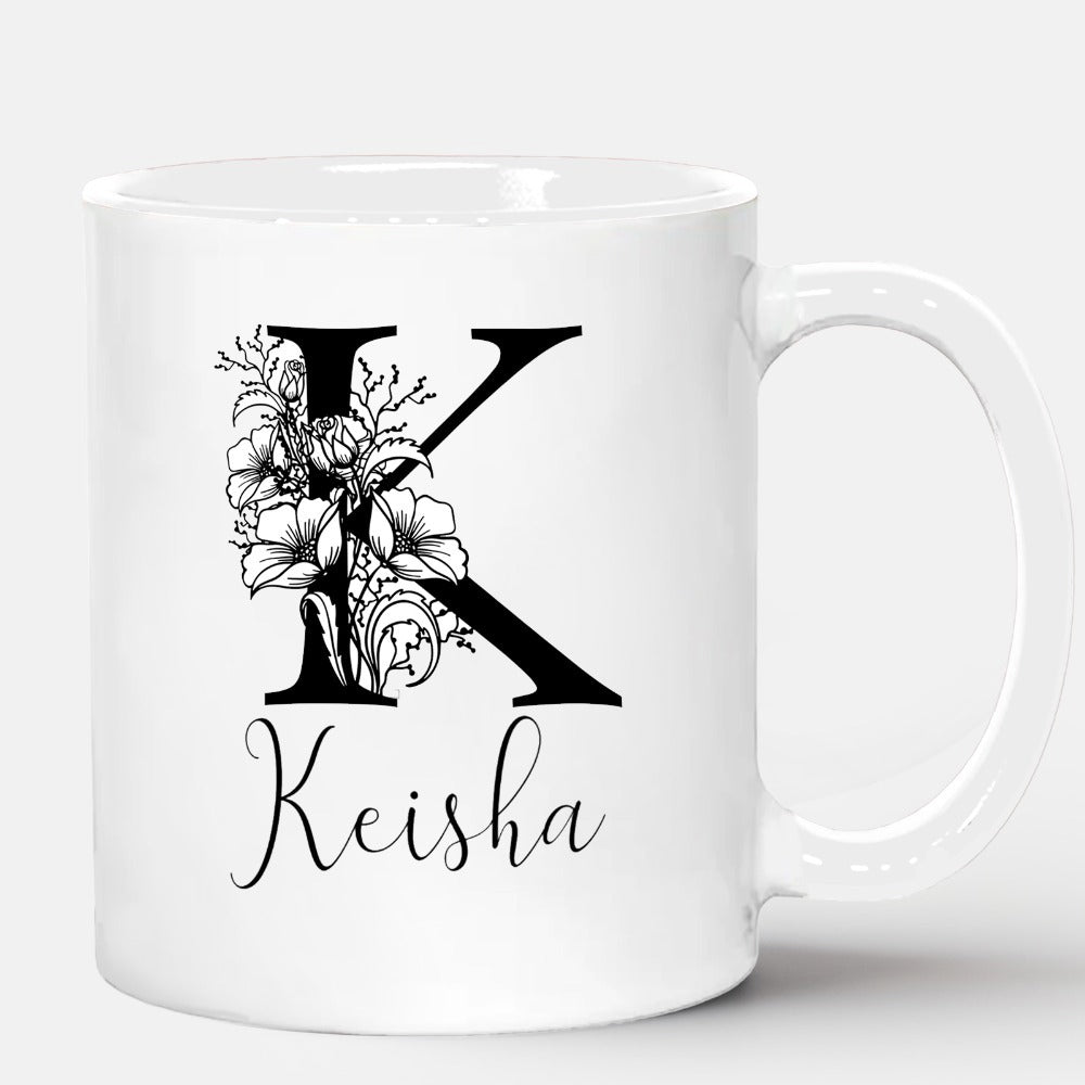 Tailorly White Ceramic 11 oz Mug - Keisha Elegant Serifed Letter K Adorned With Delicate Hand Drawn Floral Petals Initial