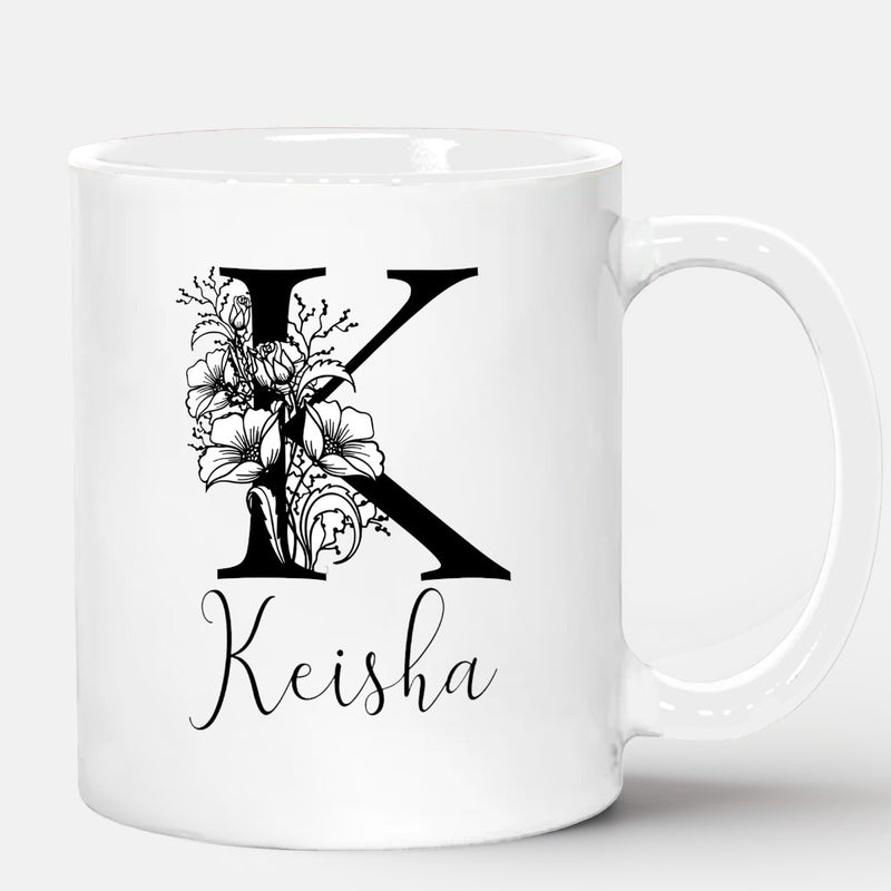 Tailorly White Ceramic 11 oz Mug - Keisha Elegant Serifed Letter K Adorned With Delicate Hand Drawn Floral Petals Initial
