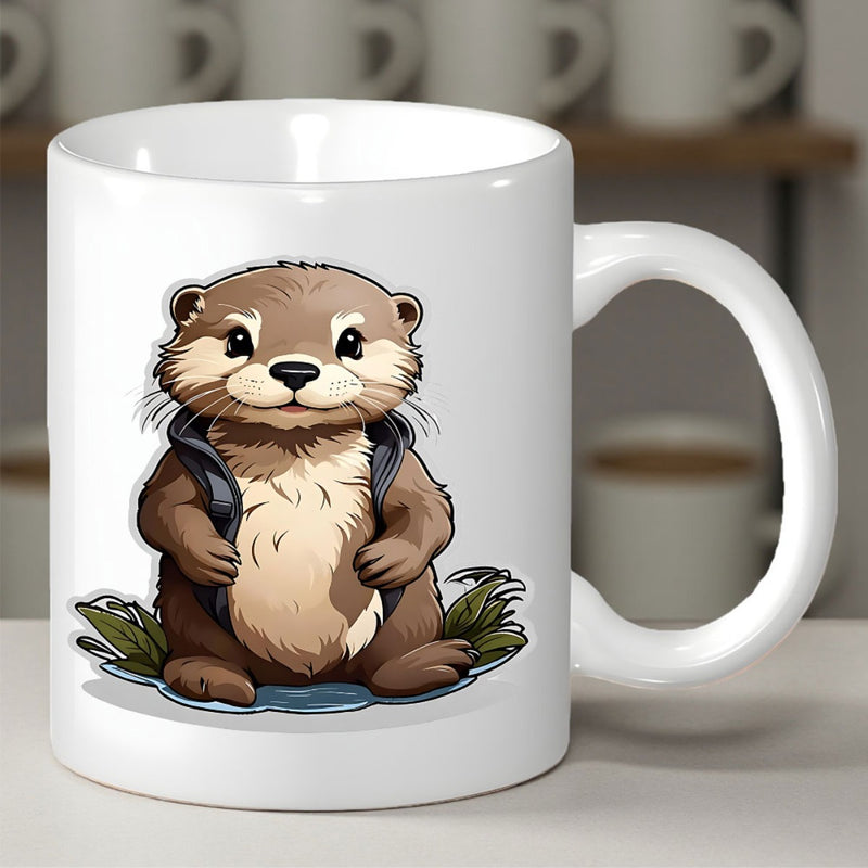 Tailorly White Ceramic 11 oz Mug - Adorable Cartoon Animal Wearing Dark Vest Sitting Near Small Plants Otter