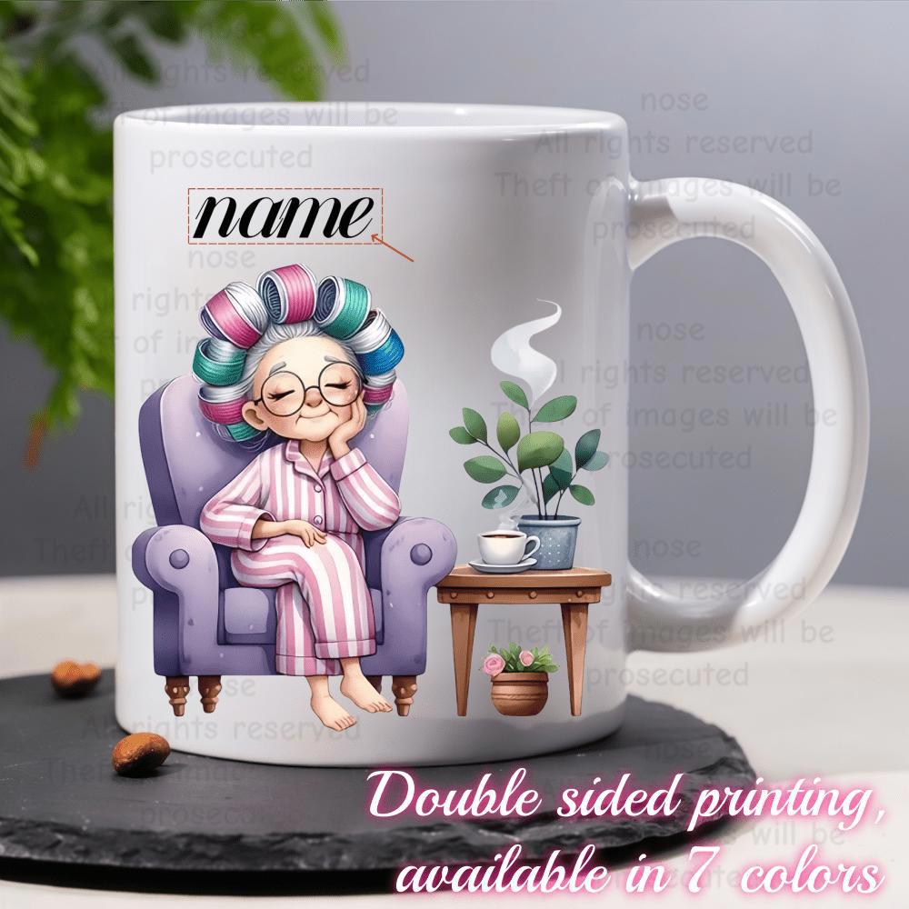 Tailorly White Ceramic 11 oz Mug - Name Charming Elderly Lady With Hair Rollers Resting On Purple Armchair Grandmother