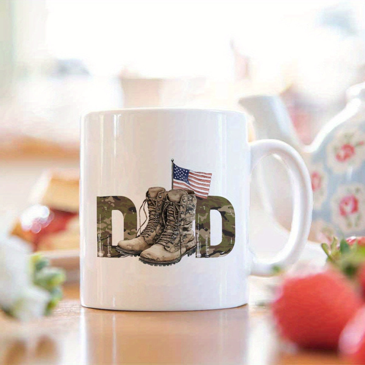 Tailorly White Ceramic 11 oz Mug - Dad Patriotic Camouflage Pattern With American Flag And Sturdy Military Boots