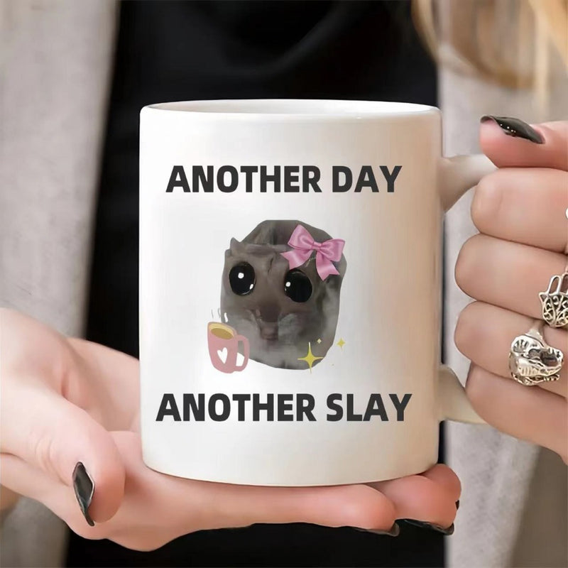 Tailorly White Ceramic 11 oz Mug - Another Day Another Slay Adorable Round Animal Character Wearing Pink Bow Holding Heart Coffee Cup Animal