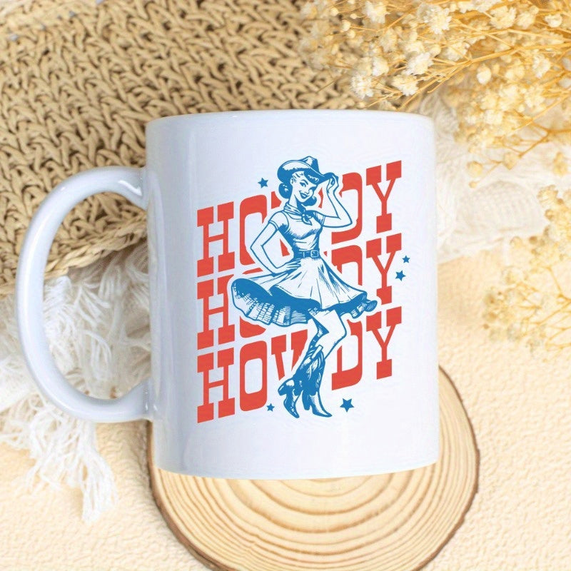 Tailorly White Ceramic 11 oz Mug - Howdy Howdy Howdy Retro Style Pin Up Character With Hat And Boots Among Blue Stars Cowgirl