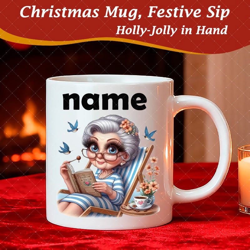 Tailorly White Ceramic 11 oz Mug - Name Kindly Elderly Lady Reading Book Surrounded By Small Blue Birds Lady