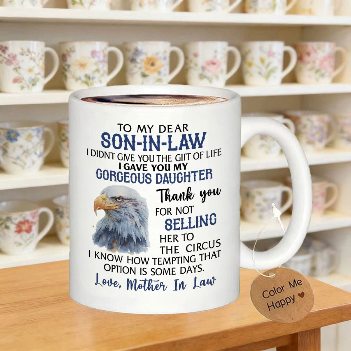 Tailorly White Ceramic 11 oz Mug - To My Dear Son In Law Majestic Bald Eagle With Detailed Feathers Gazing Proudly From A Distance Eagle