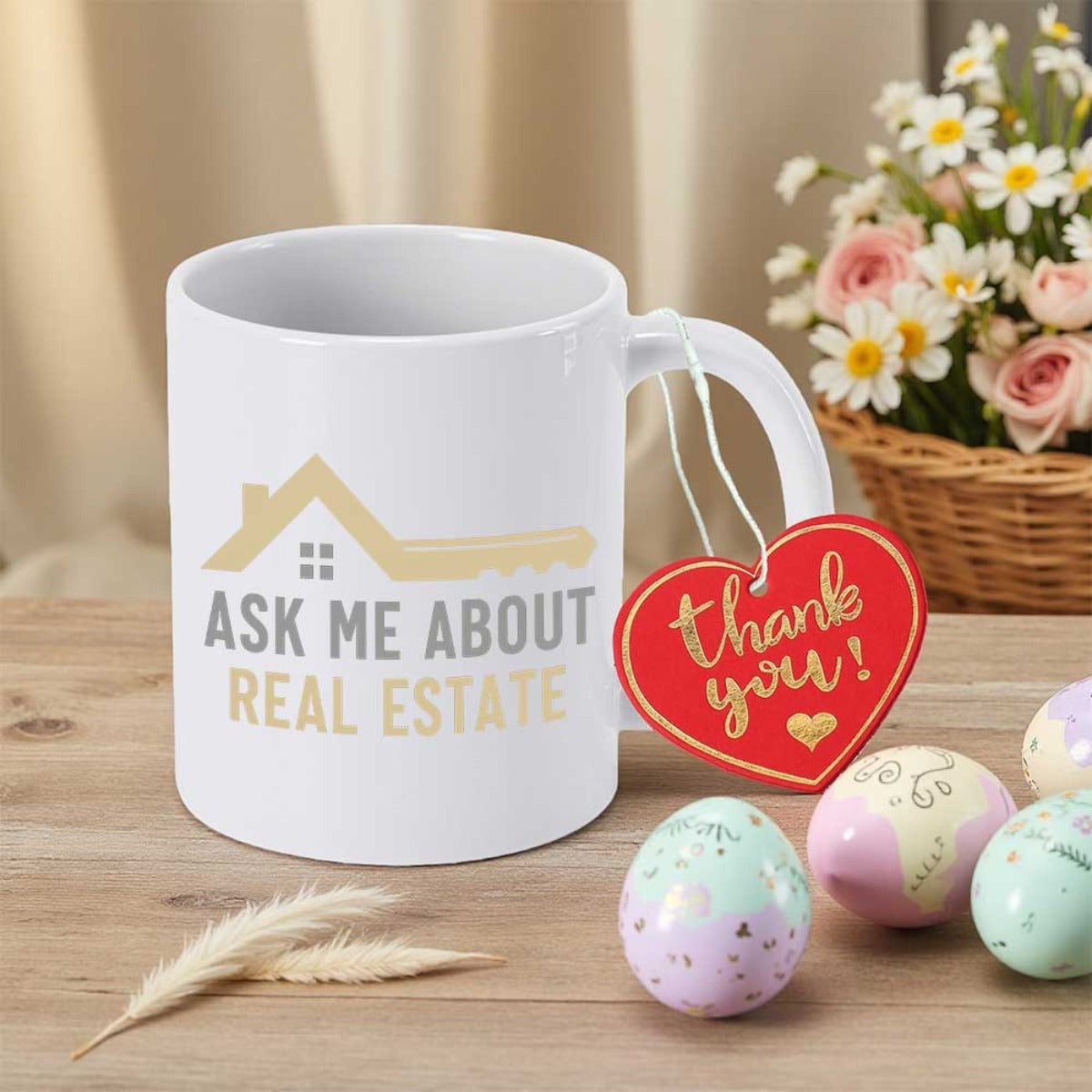 Tailorly White Ceramic 11 oz Mug - Ask Me About Real Estate Minimalist Golden House Outline Key Symbol For Agents Mug
