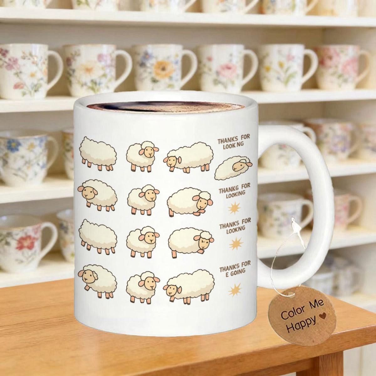 Tailorly White Ceramic 11 oz Mug - Thanks For Lovin Me Cute Hand Drawn Fluffy Cartoon Lambs Pattern Standing In Rows Sheep