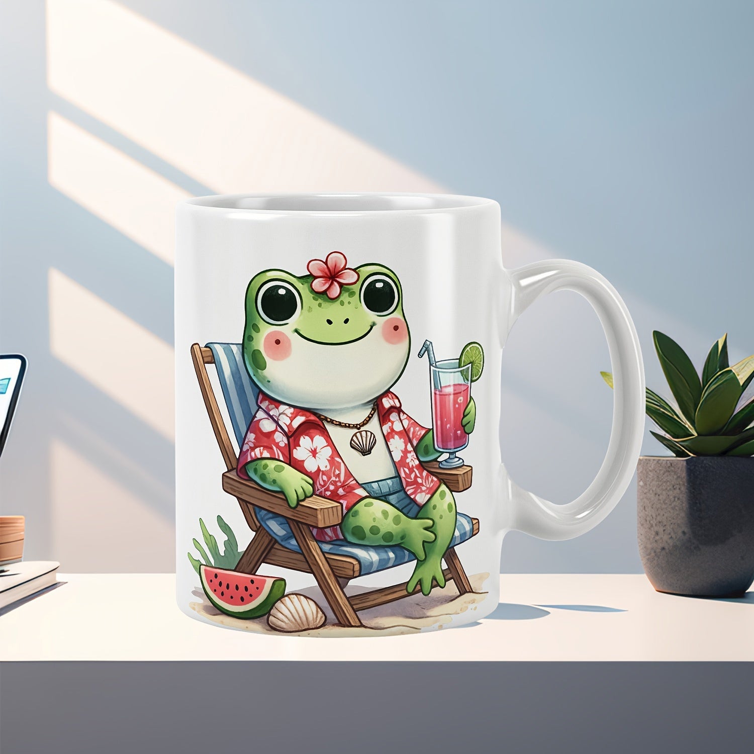 Tailorly White Ceramic 11 oz Mug - Cute Cartoon Frog Relaxing On Beach Chair With Tropical Summer Drink Frog