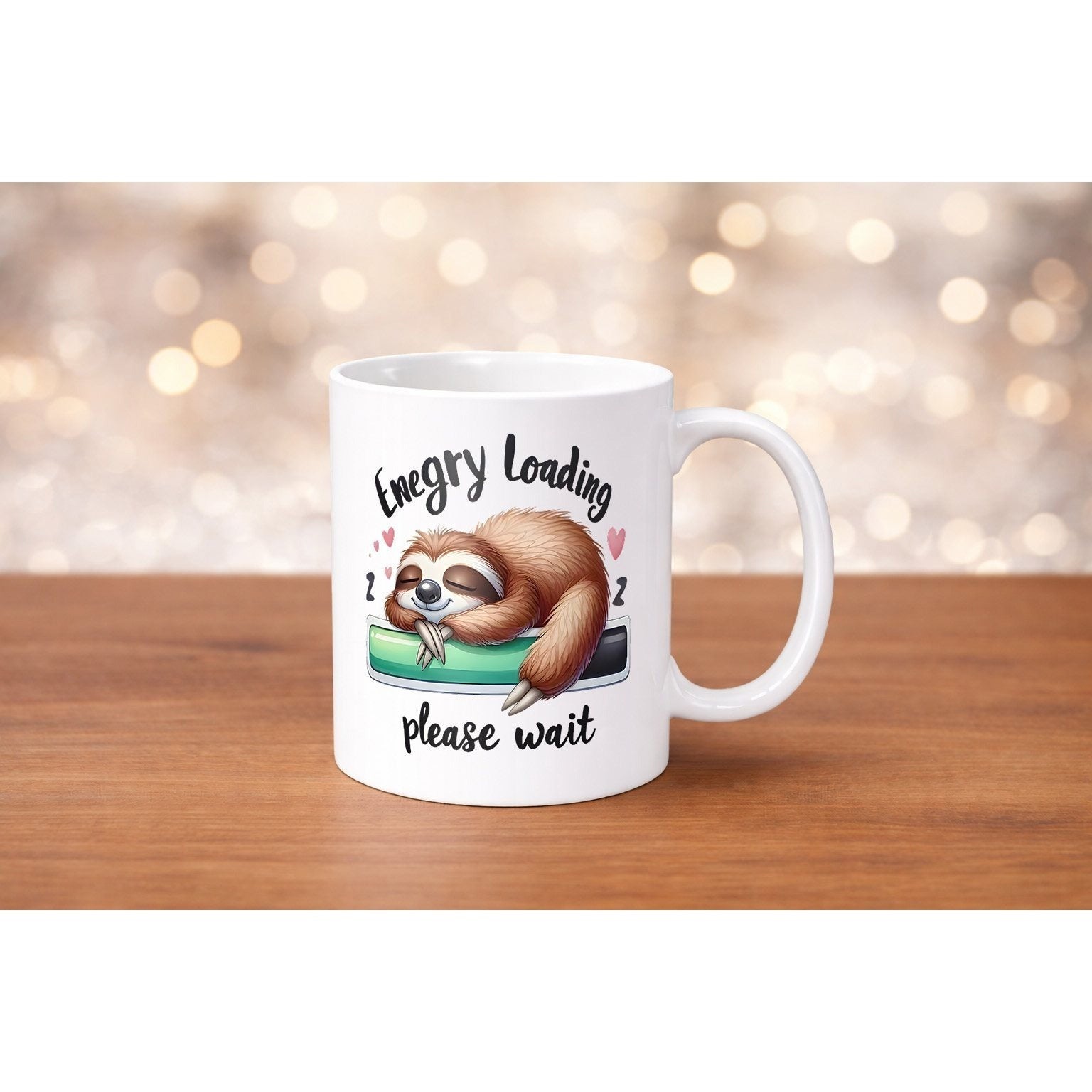 Tailorly White Ceramic 11 oz Mug - Energy Loading Please Wait Adorable Brown Sloth Sleeping Peacefully Over A Colorful Digital Loading Bar Sloth