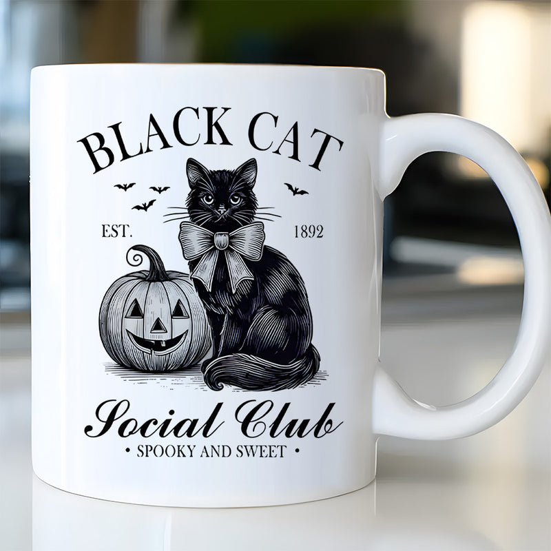 Tailorly White Ceramic 11 oz Mug - Black Cat Social Club Spooky And Sweet Vintage Engraving Style Sitting With Bow Beside Halloween Pumpkin Cat