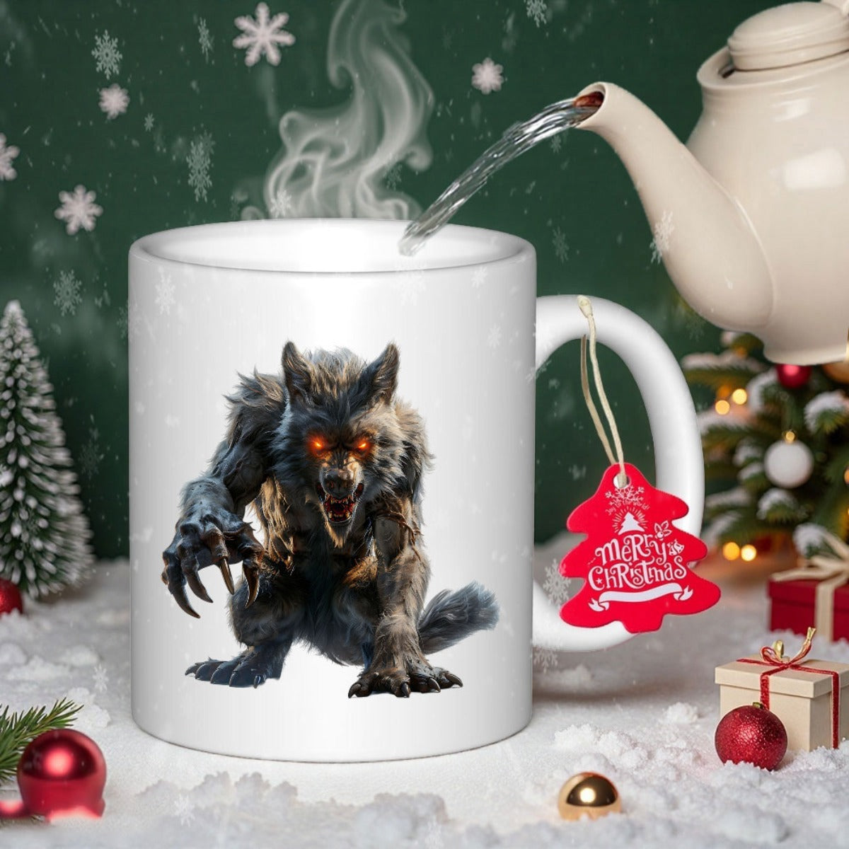 Tailorly White Ceramic 11 oz Mug - Ferocious Dark Mythical Creature Crouching With Glowing Red Eyes Werewolf