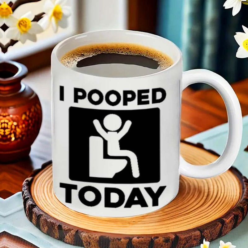 Tailorly White Ceramic 11 oz Mug - I Pooped Today Minimalist Human Silhouette Celebrating Success Sitting On Modern Bathroom Mug