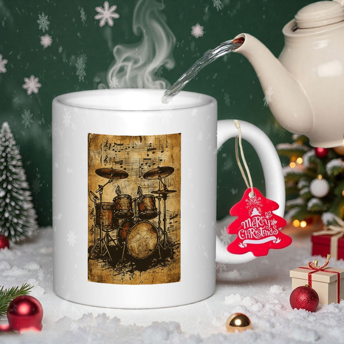Tailorly White Ceramic 11 oz Mug - Merry Christmas Vintage Parchment Style With Detailed Musical Instrument Percussion Instruments And Antique Drum Kit