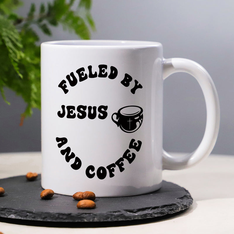 Tailorly White Ceramic 11 oz Mug - Fueled By Jesus And Coffee Featuring Black Retro Typography And Symbolic Coffee Cup Mug