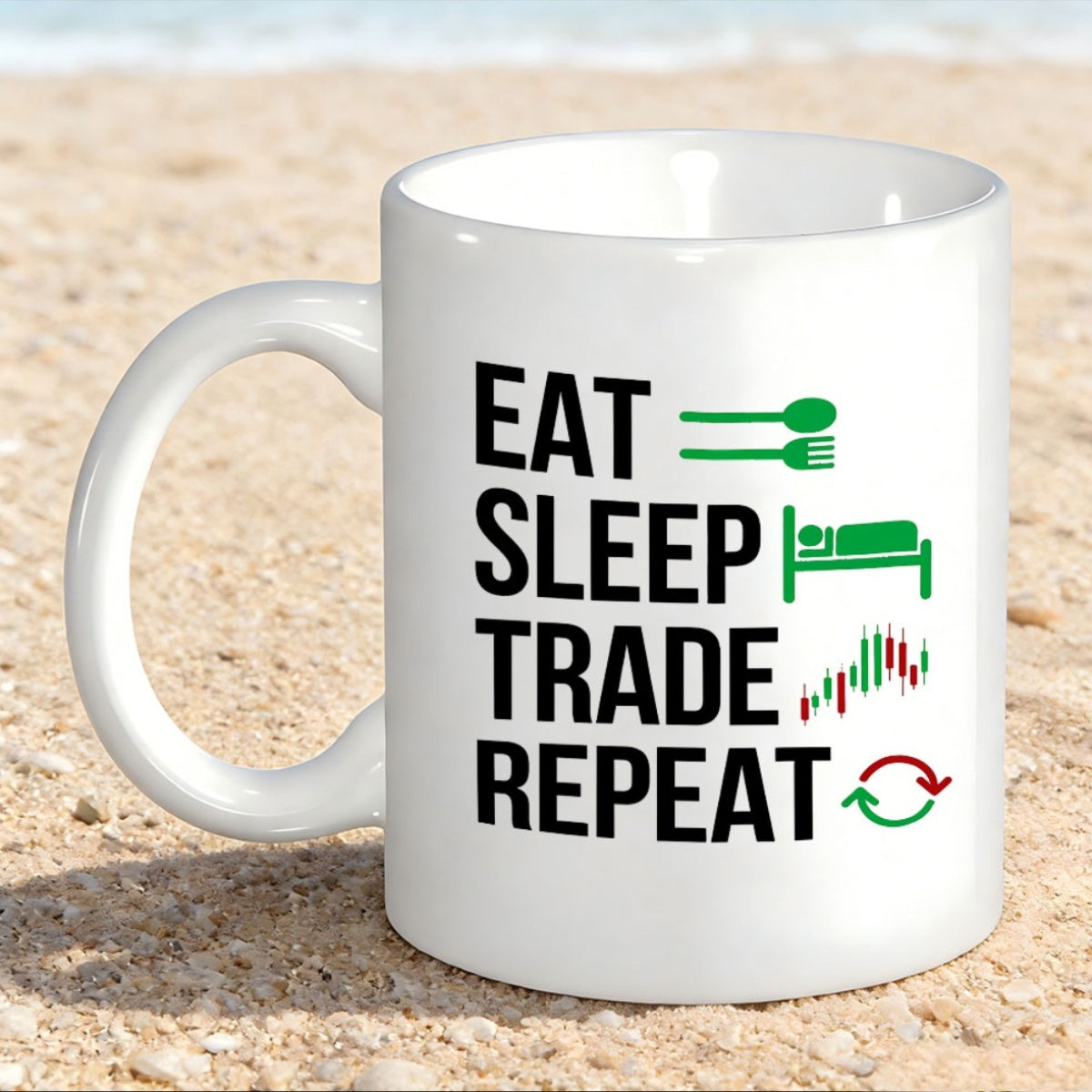 Tailorly White Ceramic 11 oz Mug - Eat Sleep Trade Repeat Minimalist Icons Depicting Daily Routine And Financial Market Trading Chart Mug
