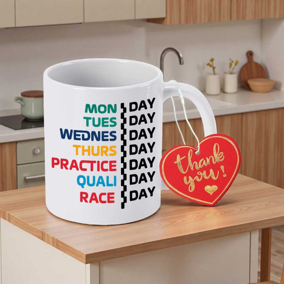 Tailorly White Ceramic 11 oz Mug - Monday Tuesday Wednesday Thursday Practice Quali Race Day Weekly Racing Schedule With Checkered Flag Pattern And Bold Typography