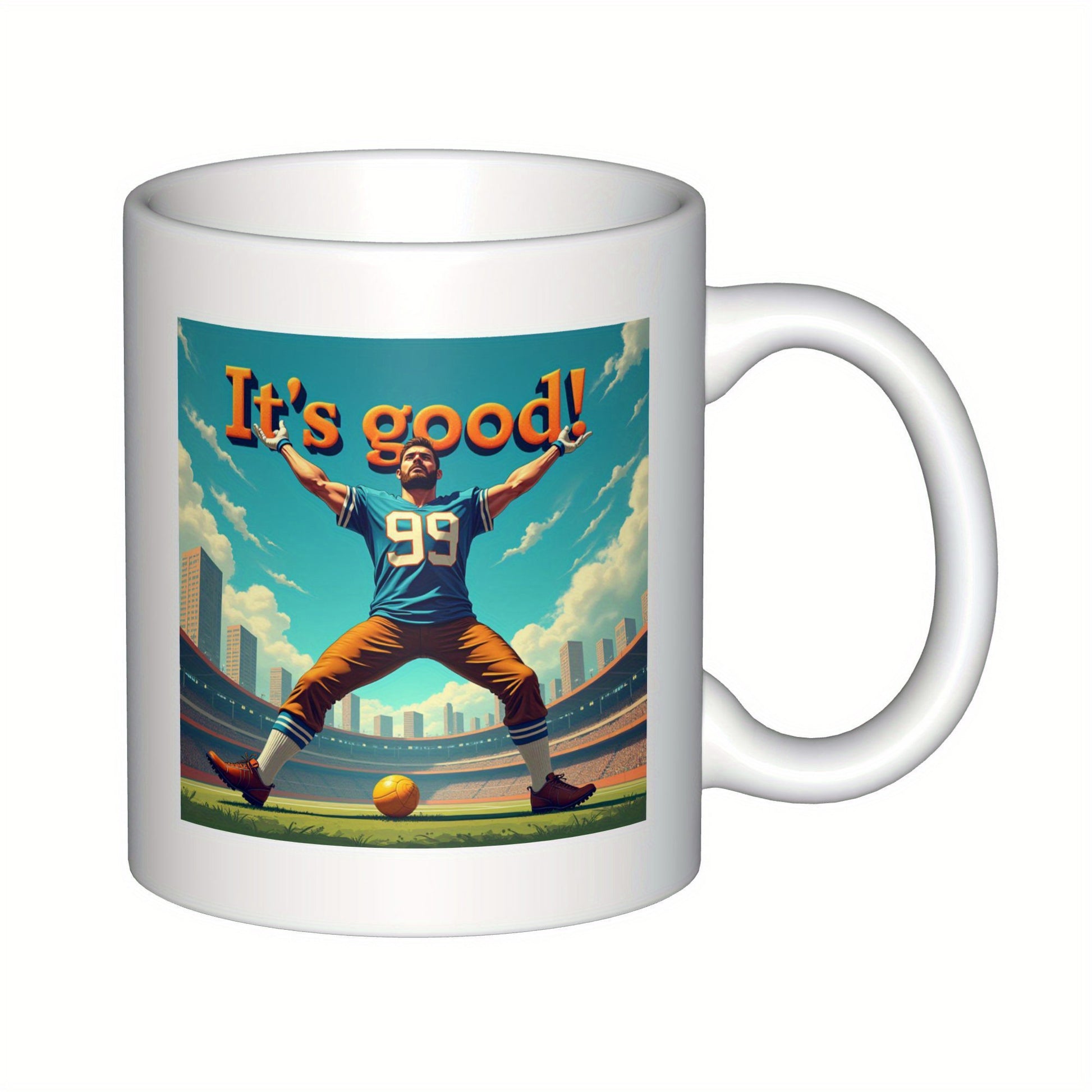 Tailorly White Ceramic 11 oz Mug - Its Good Athletic American Football Player Celebrating Victory Within A Professional Sunny Stadium Footballer