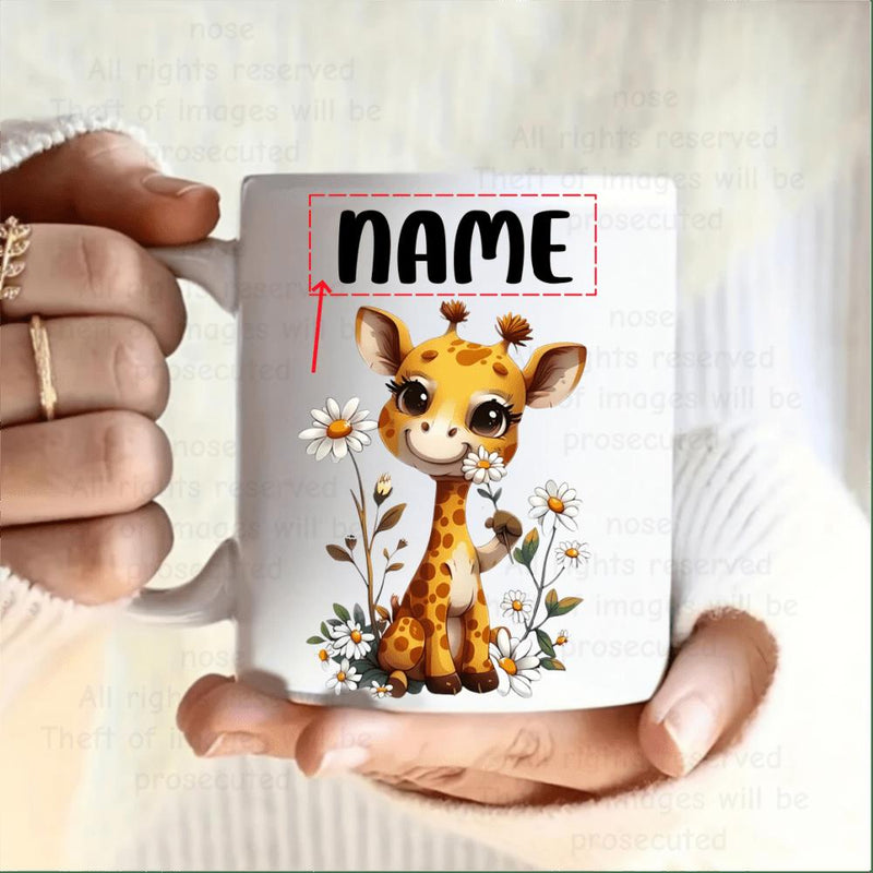 Tailorly White Ceramic 11 oz Mug - Name Adorable Cartoon Style Sitting Among Delicate White Daisies And Green Foliage Giraffe