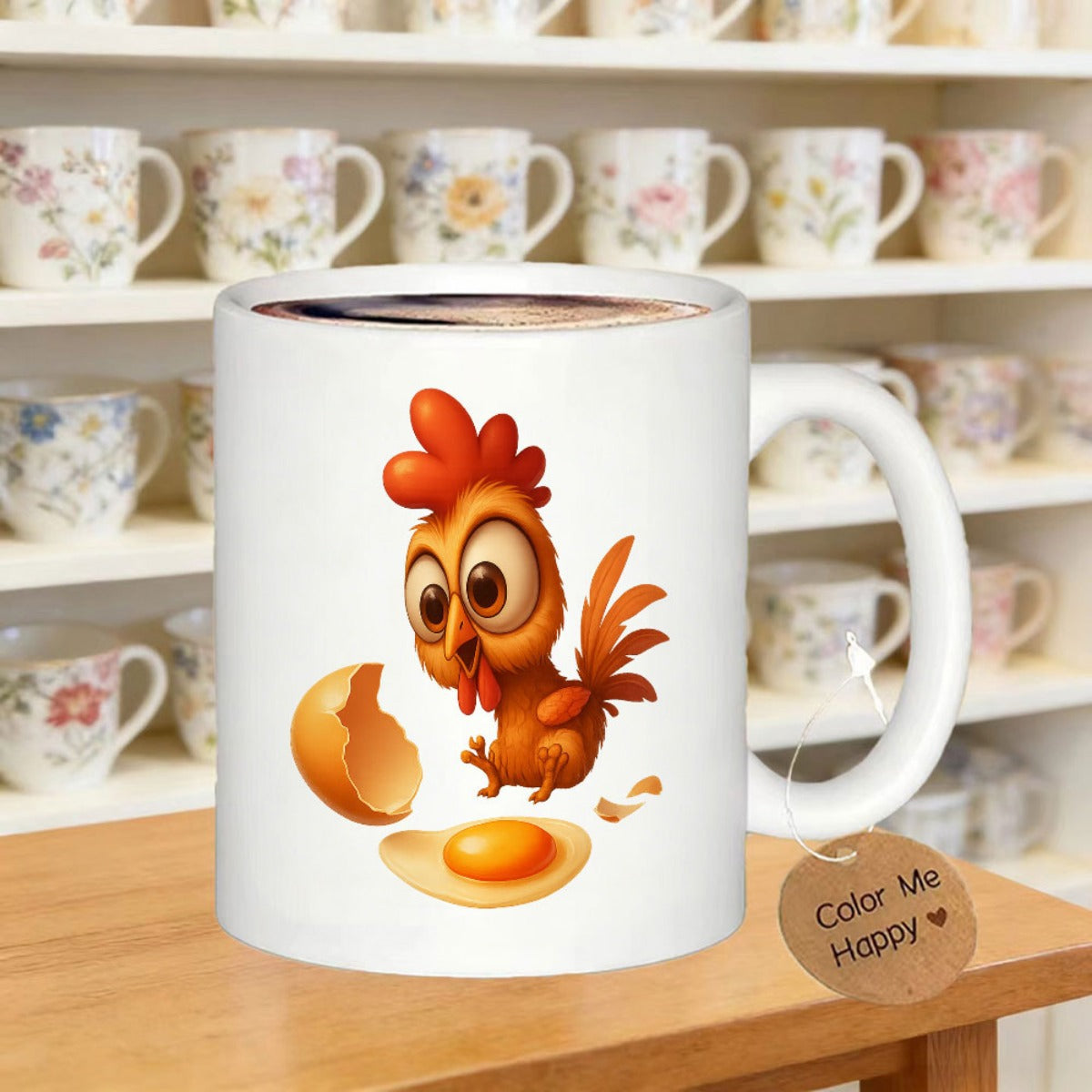 Tailorly White Ceramic 11 oz Mug - Color Me Happy Funny Cartoon Chicken Sitting Beside A Cracked Shell And Fried Egg Chick