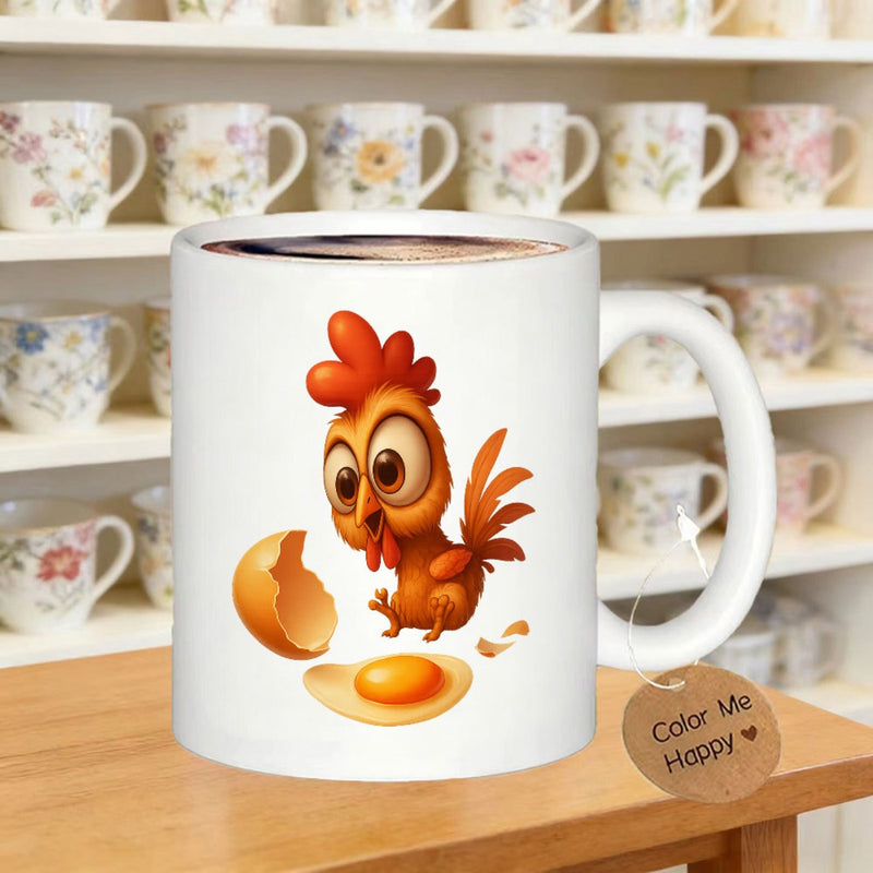 Tailorly White Ceramic 11 oz Mug - Color Me Happy Funny Cartoon Chicken Sitting Beside A Cracked Shell And Fried Egg Chick