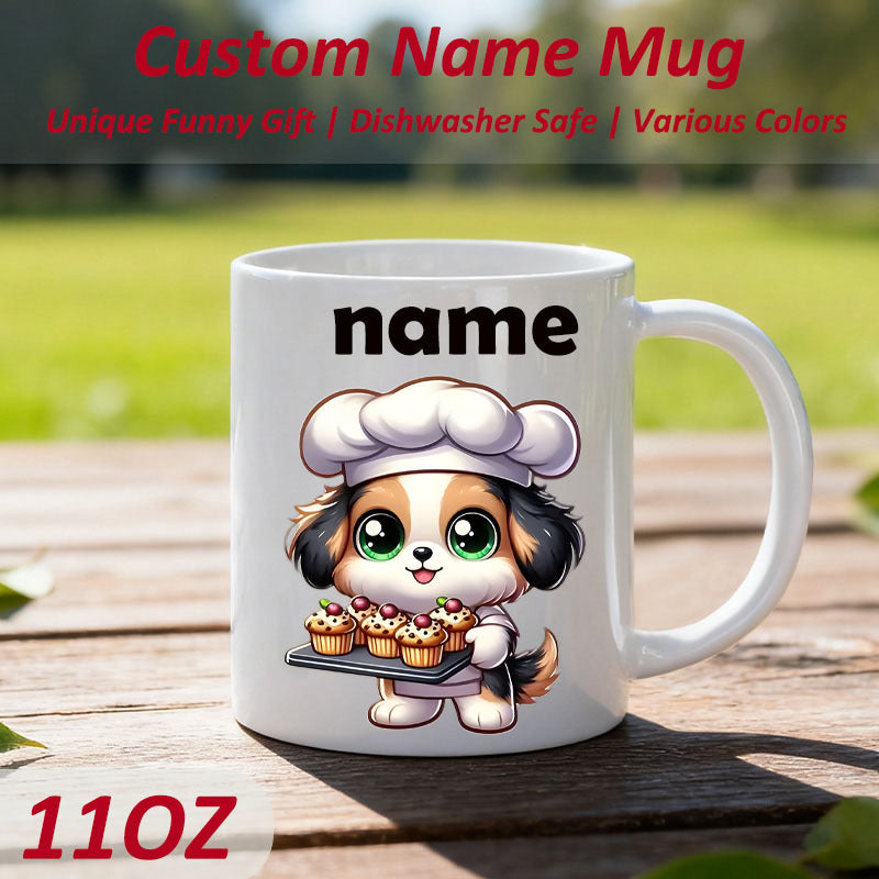 Tailorly White Ceramic 11 oz Mug - Name Adorable Puppy Wearing White Chef Hat Holding Tray Of Sweet Cupcakes Dog