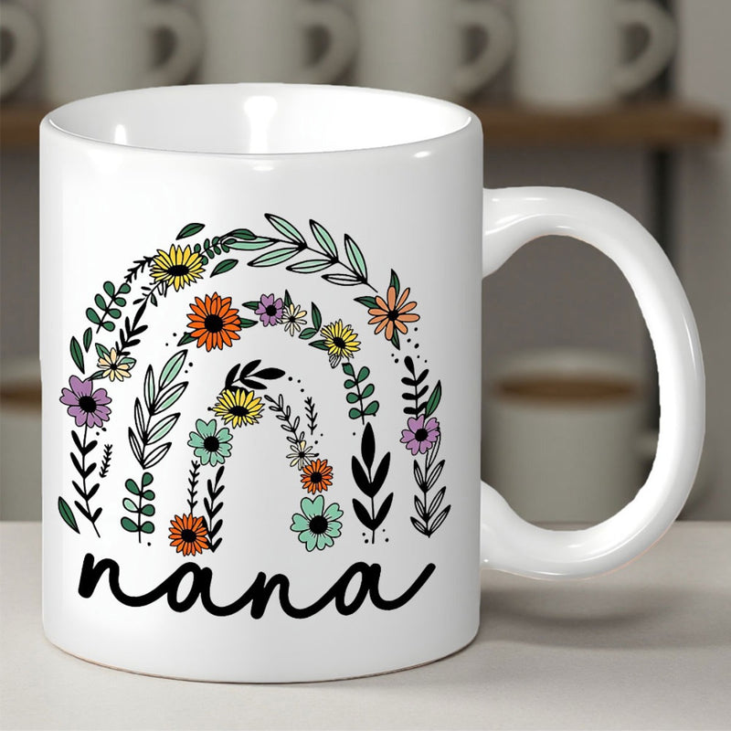 Tailorly White Ceramic 11 oz Mug - Nana Boho Floral Rainbow With Colorful Blossoms And Delicate Green Leaves Mug
