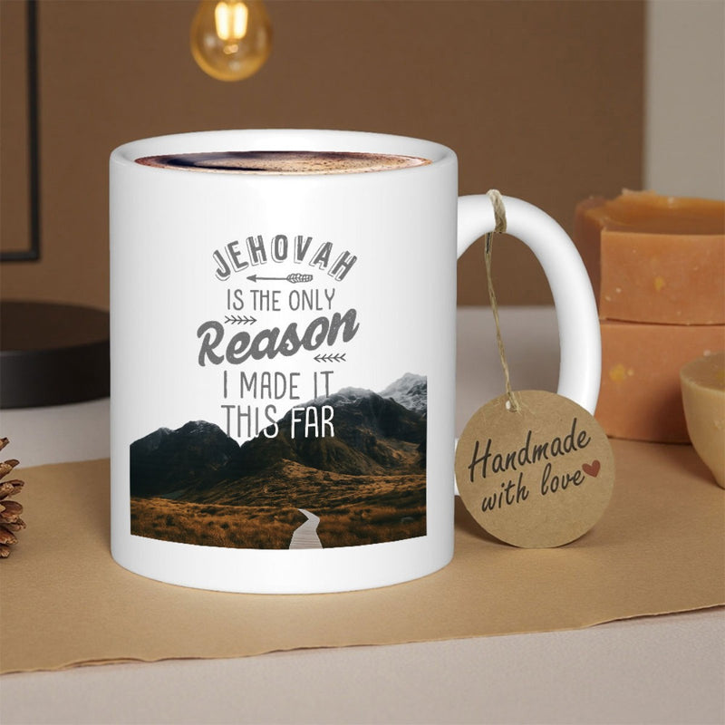Tailorly White Ceramic 11 oz Mug - Jehovah Is The Only Reason I Made It This Far Scenic Road Winding Through Rugged Peaks Under A Vast Open Sky Mountain