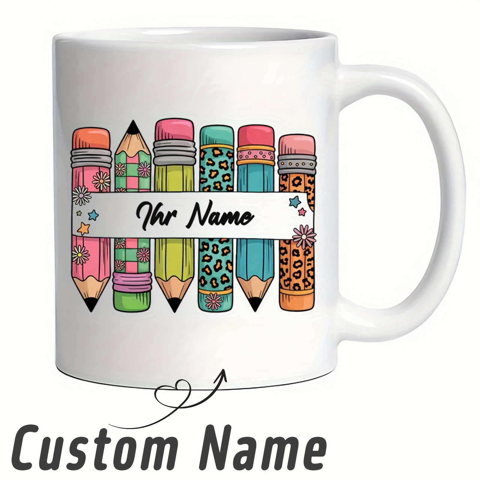 Tailorly White Ceramic 11 oz Mug - Custom Name Colorful Pencils With Various Patterns Standing In A Neat Row Pencil