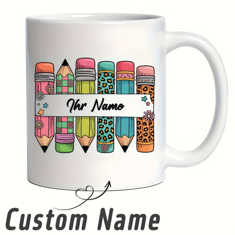 Tailorly White Ceramic 11 oz Mug - Custom Name Colorful Pencils With Various Patterns Standing In A Neat Row Pencil