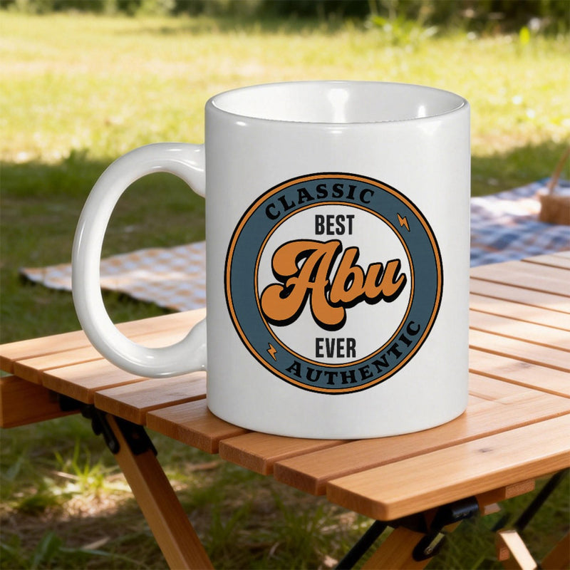 Tailorly White Ceramic 11 oz Mug - Classic Best Abu Ever Authentic Round Vintage Badge On Sitting On Wooden Table Mug
