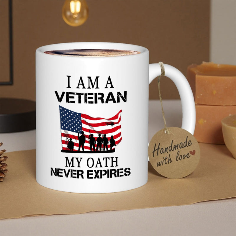 Tailorly White Ceramic 11 oz Mug - I Am A Veteran My Oath Never Expires Patriotic Waving American Flag Featuring Brave Soldiers Silhouette In Shadow Veteran