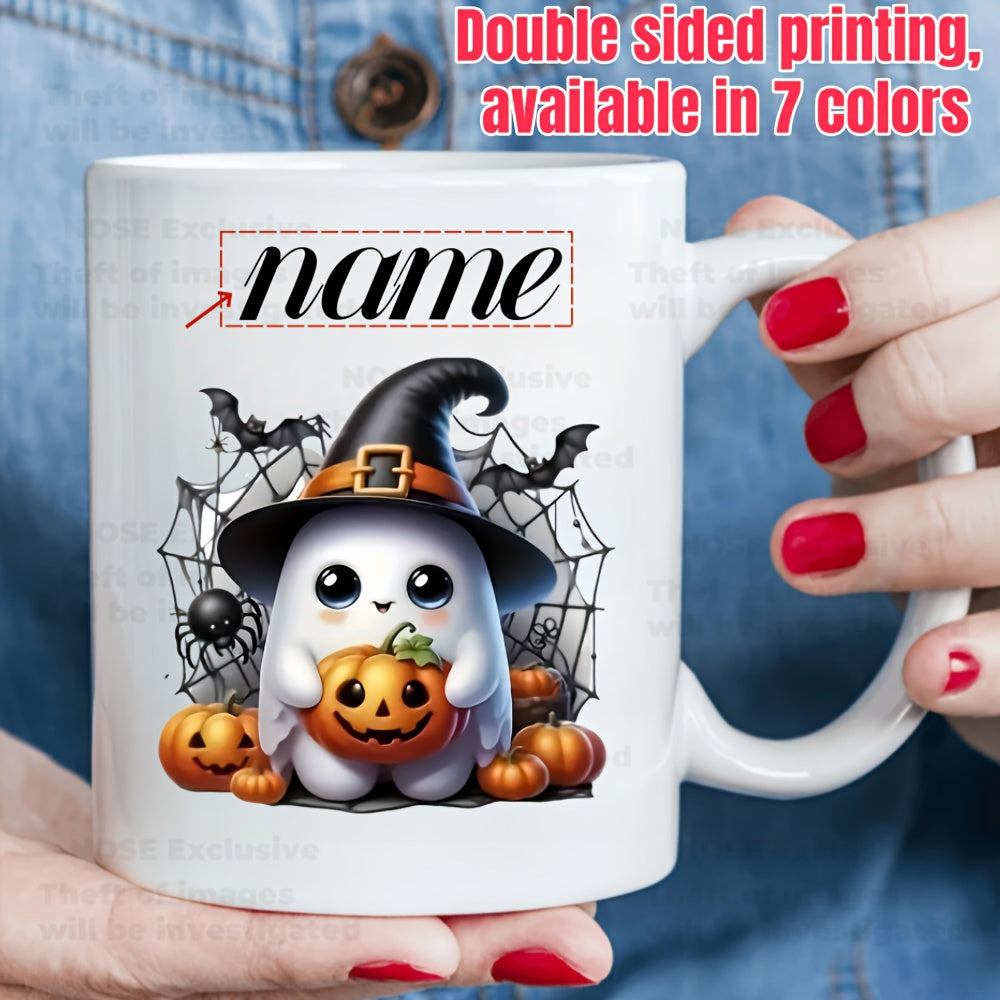 Tailorly White Ceramic 11 oz Mug - Name Cute Little Ghost Wearing Witch Hat Holding Halloween Carved Pumpkin Ghost