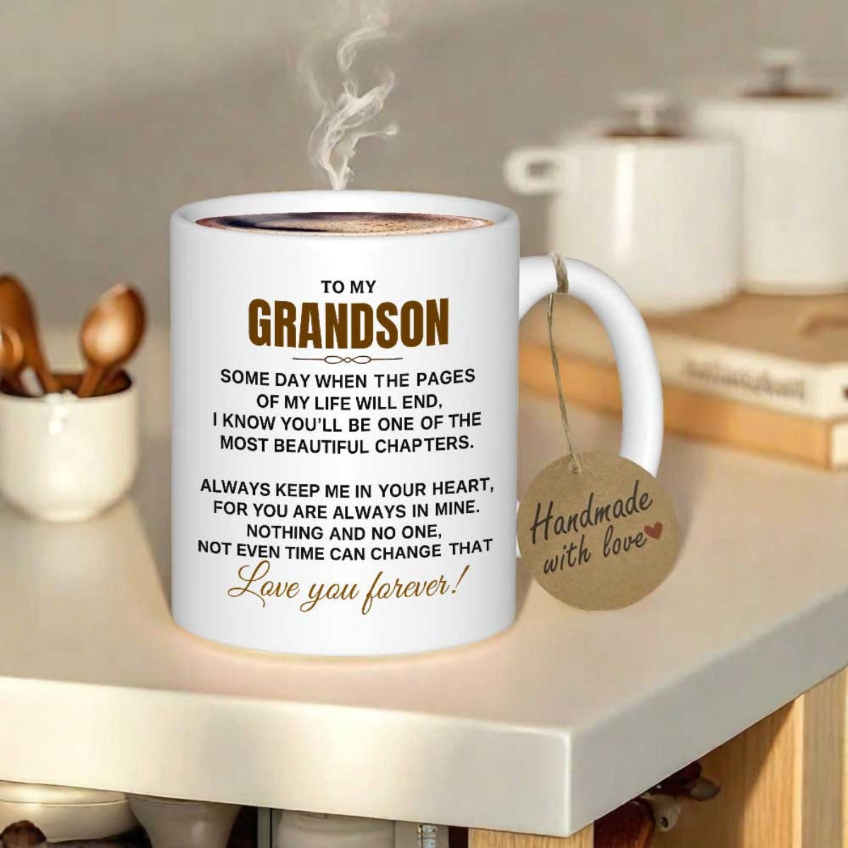Tailorly White Ceramic 11 oz Mug - To My Grandson Love You Forever Elegant Minimalist Ceramic Vessel Featuring Sentimental Typography Script Mug