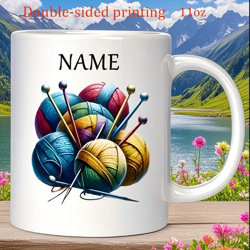 Tailorly White Ceramic 11 oz Mug - Name Colorful Knitting Yarn Balls With Needles Resting On Table Surface Yarn