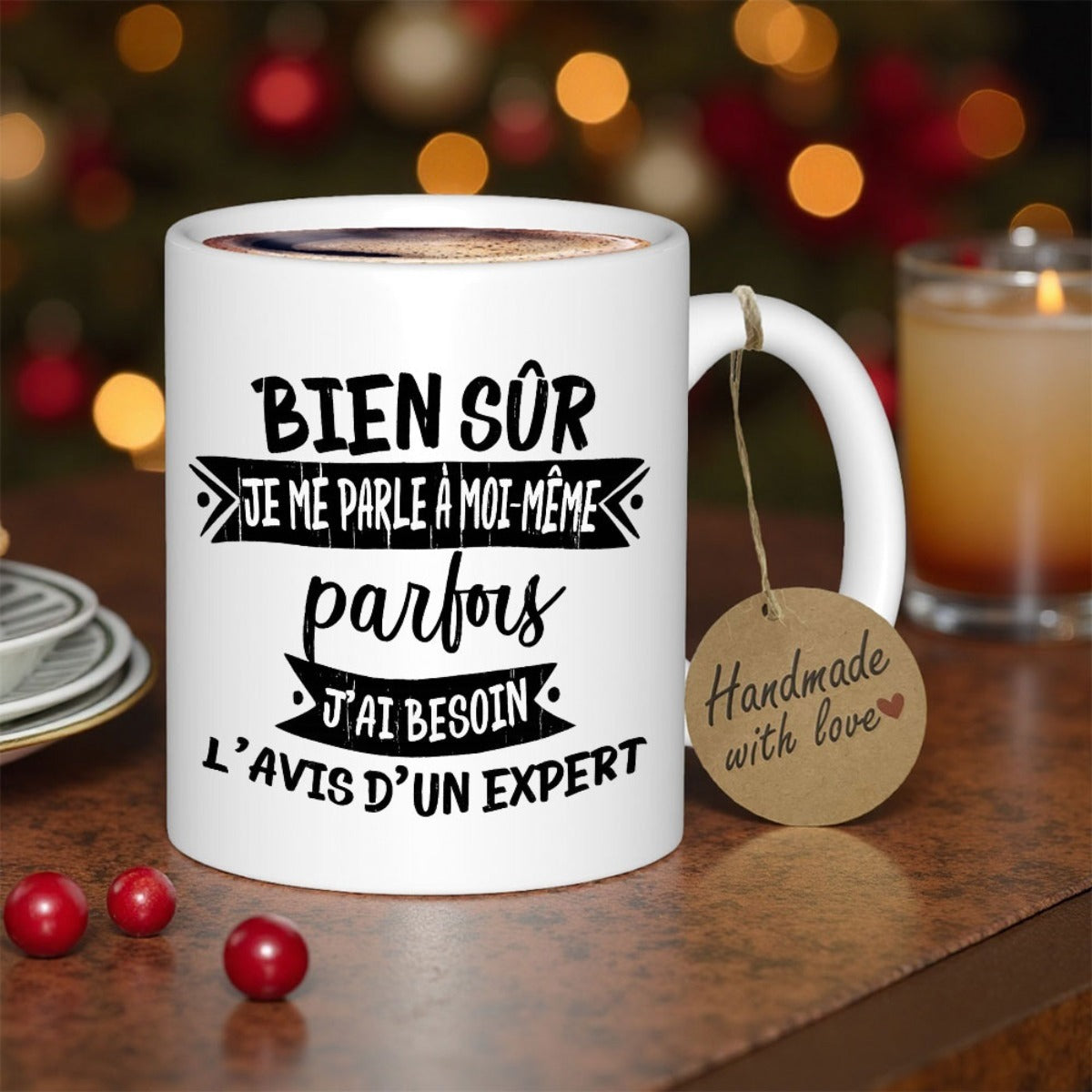 Tailorly White Ceramic 11 oz Mug - Handmade With Love Warm Ceramic Surface Surrounded By Glowing Festive Holiday Lights Mug