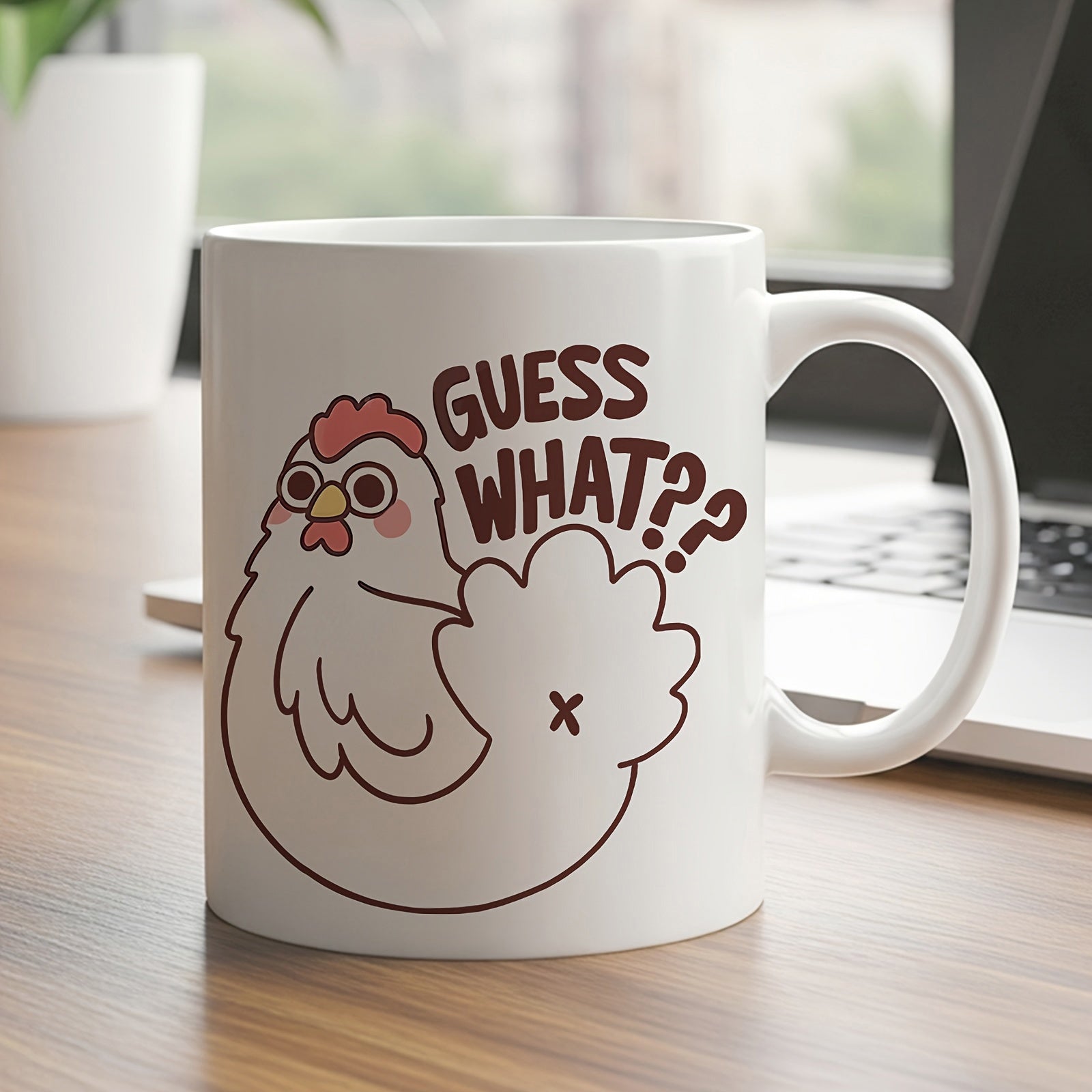 Tailorly White Ceramic 11 oz Mug - Guess What Cute Cartoon Bird With Red Comb And Curious Large Eyes Chicken