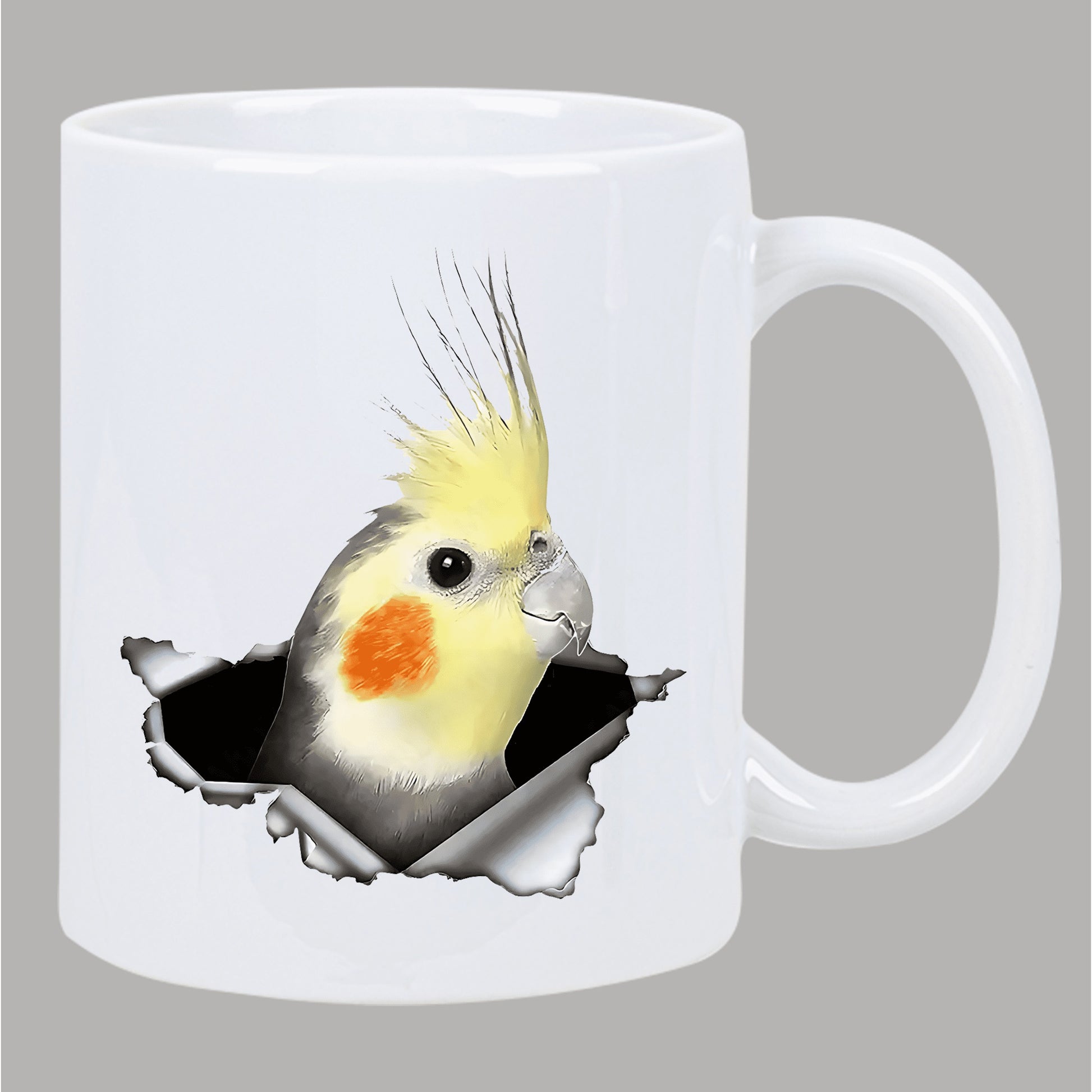 Tailorly White Ceramic 11 oz Mug - Vibrant Cockatiel Peeking Through Realistic Torn Paper Opening With Subtle Shadows Cockatiel