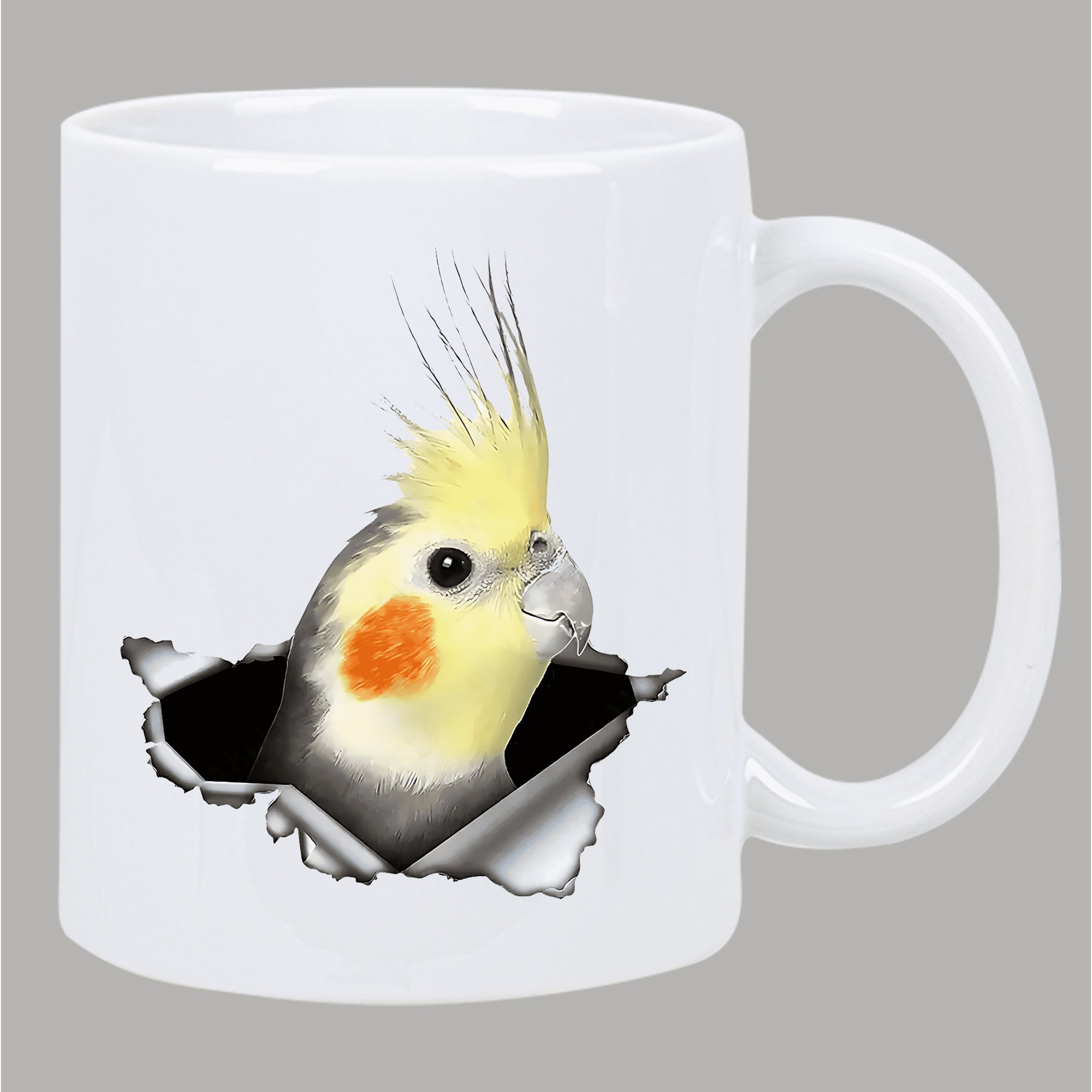 Tailorly White Ceramic 11 oz Mug - Vibrant Cockatiel Peeking Through Realistic Torn Paper Opening With Subtle Shadows Cockatiel