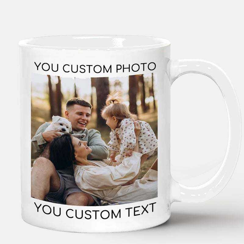 Tailorly White Ceramic 11 oz Mug - You Custom Photo You Custom Text Happy Smiling Family Relaxing Outdoors With A Small White Dog Family