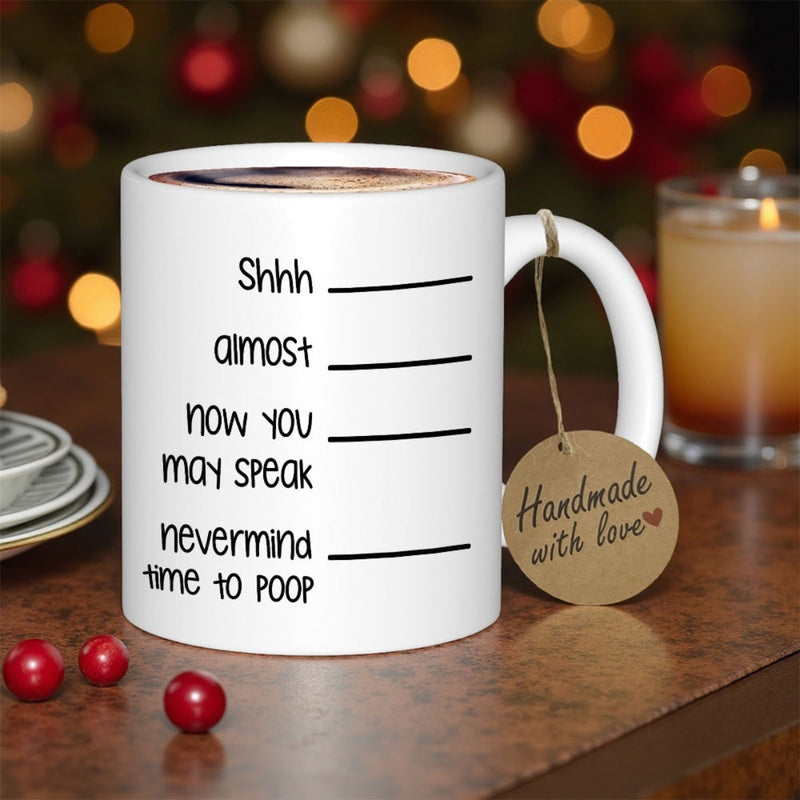 Tailorly White Ceramic 11 oz Mug - Shhh Almost Now You May Speak Nevermind Time To Poop Minimalist White Ceramic Vessel Featuring Horizontal Level Markings Mug