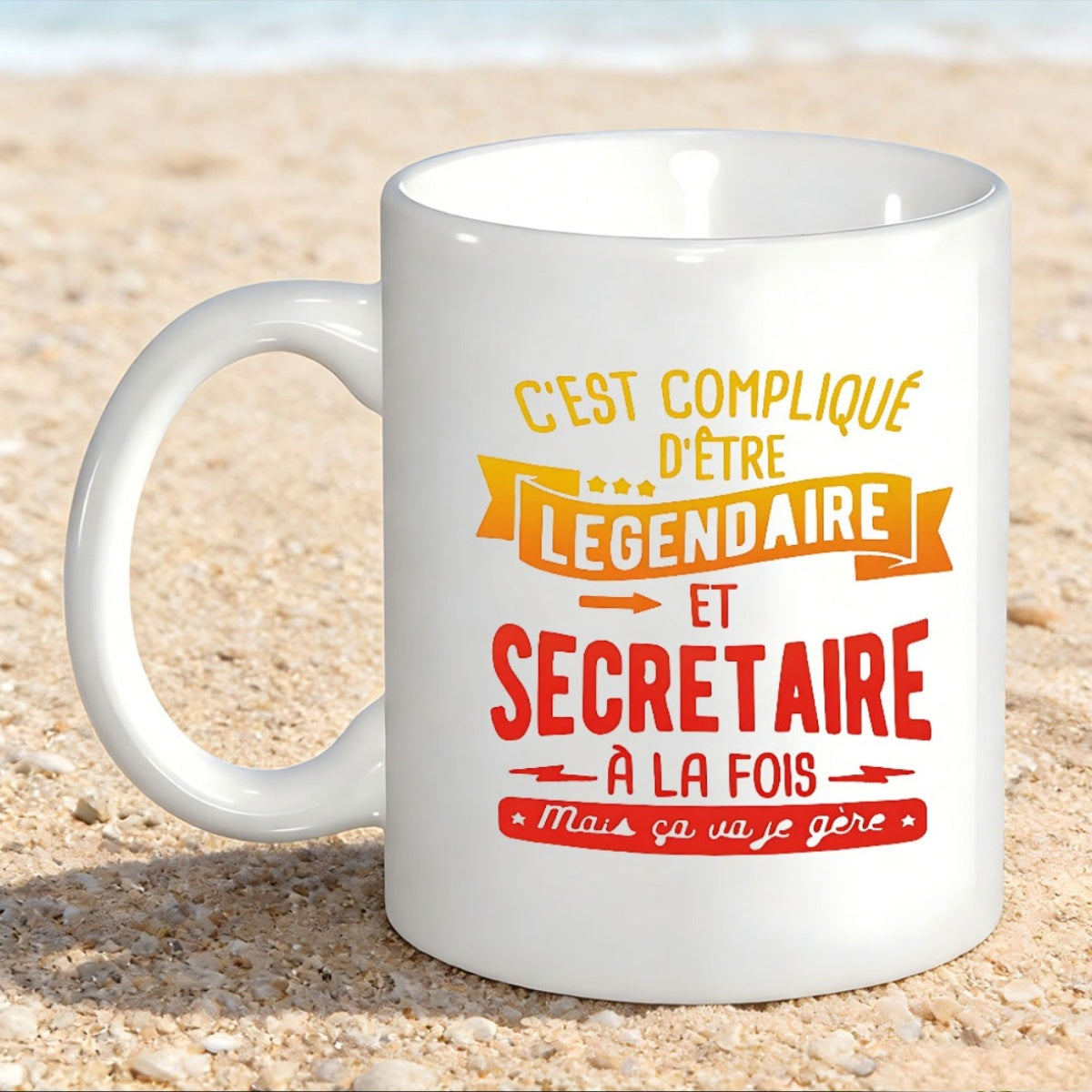 Tailorly White Ceramic 11 oz Mug - White Ceramic Body Sitting On Golden Sand Beach Background Mug