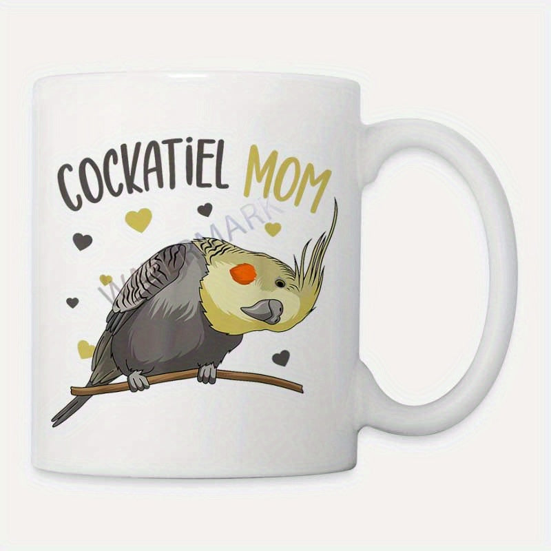 Tailorly White Ceramic 11 oz Mug - Cockatiel Mom Hand Drawn Bird Perched On Branch Among Cute Floating Hearts Cockatiel