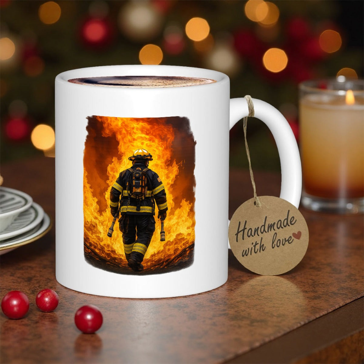 Tailorly White Ceramic 11 oz Mug - Handmade With Love Courageous Brave Figure Walking Into Intense Blazing Golden Orange Flames Firefighter