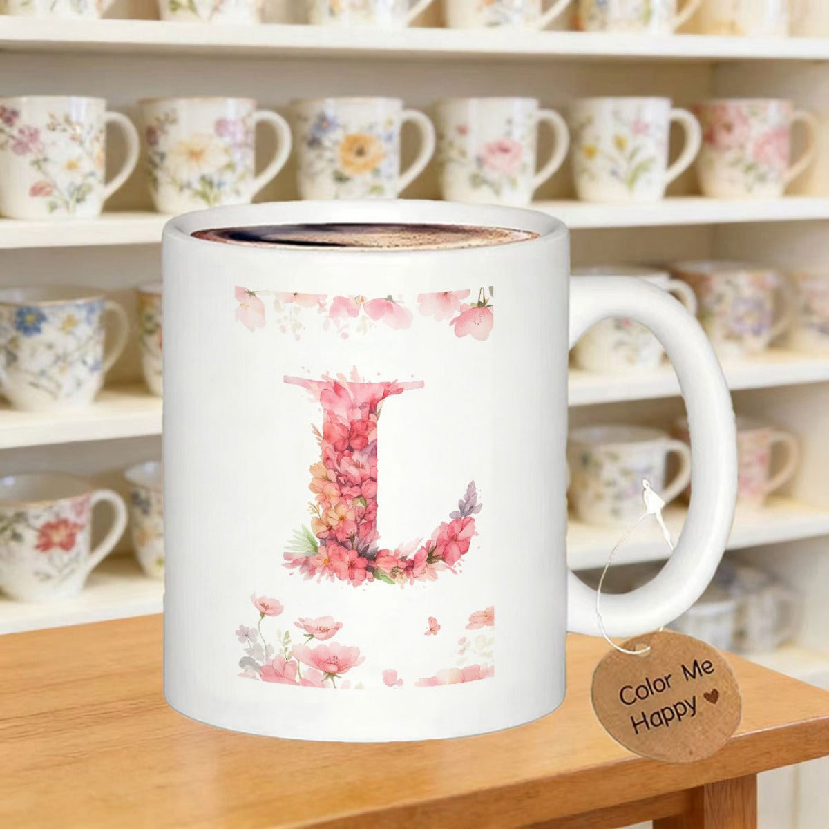 Tailorly White Ceramic 11 oz Mug - Color Me Happy L Beautiful Watercolor Pink Flowers Blooming Inside A Majestic Floral Letter Monogram
