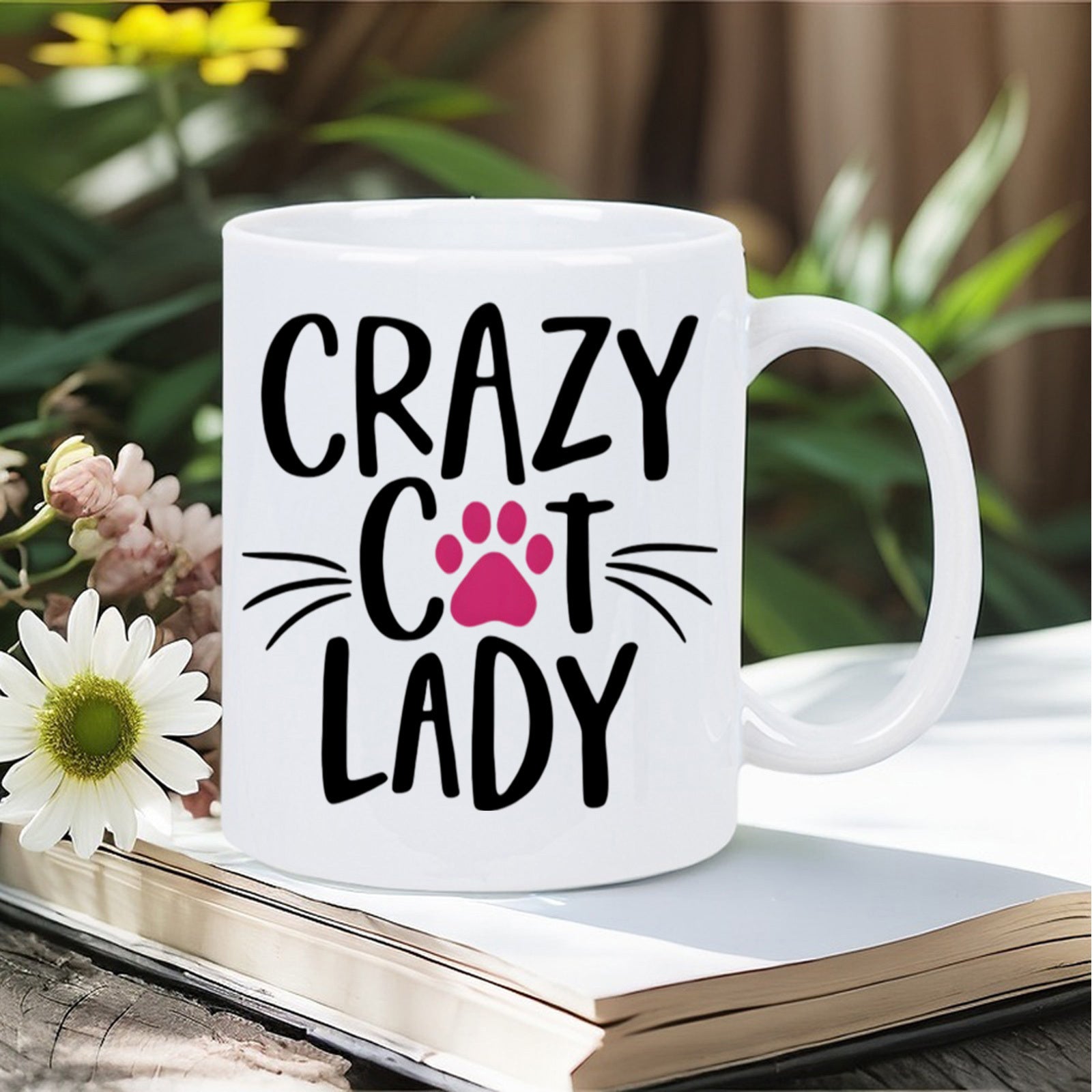 Tailorly White Ceramic 11 oz Mug - Crazy Cat Lady Minimalist Pink Paw Print And Whiskers On